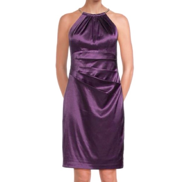 ELIZA J PURPLE SATIN DRESS WITH SILVER NECKLACE COLLAR - Picture 1 of 6